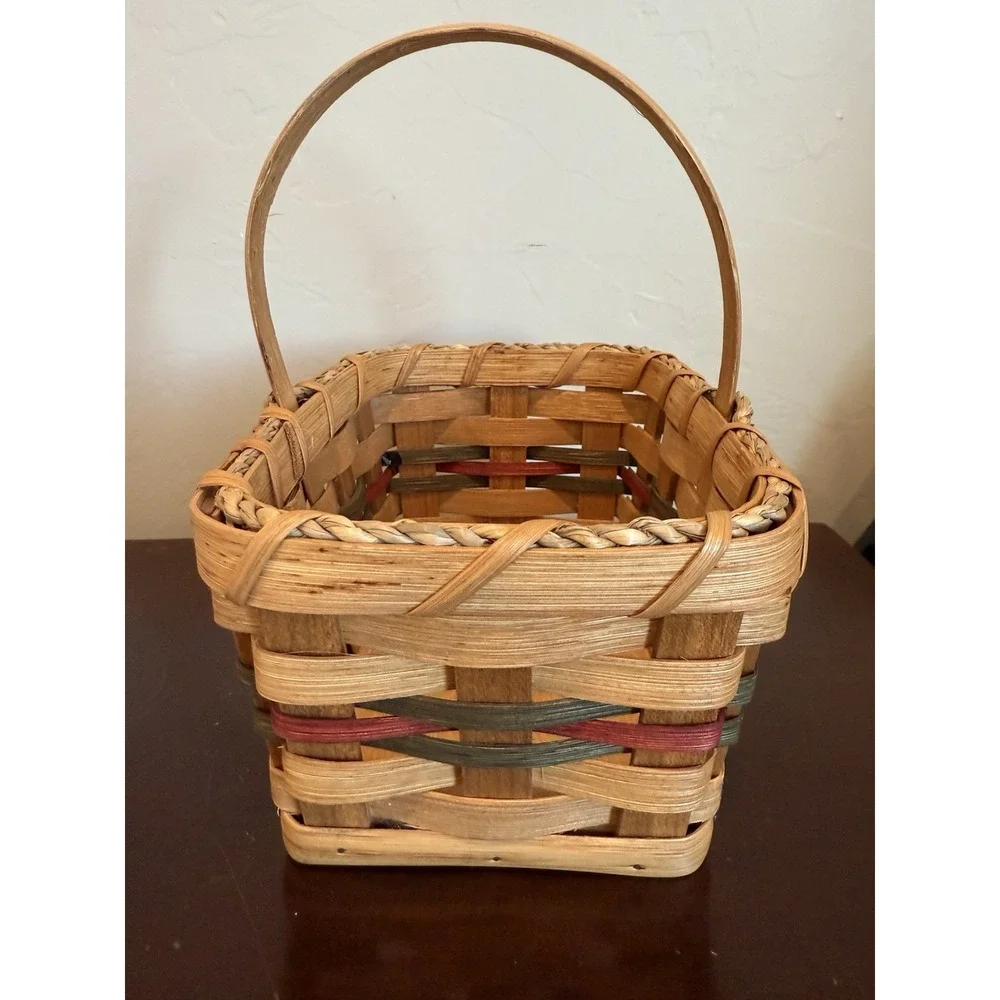 Hand Crafted Woven Double Wine Basket 3 Tone Wood With Handle Signed Dated 2006